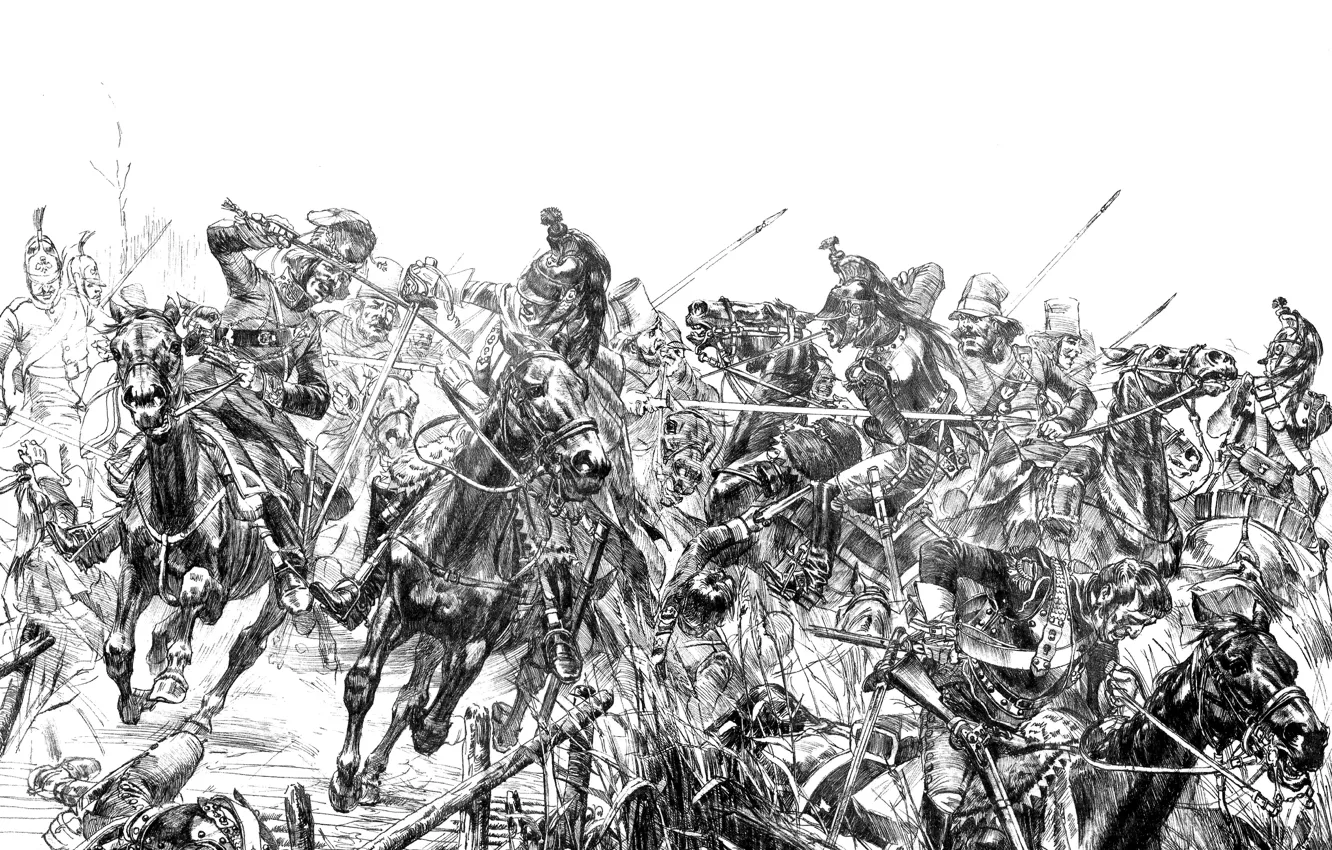 Фото обои Рисунок, Картина, Солдаты, Лошади, Битва, Арт, Русские, Французы