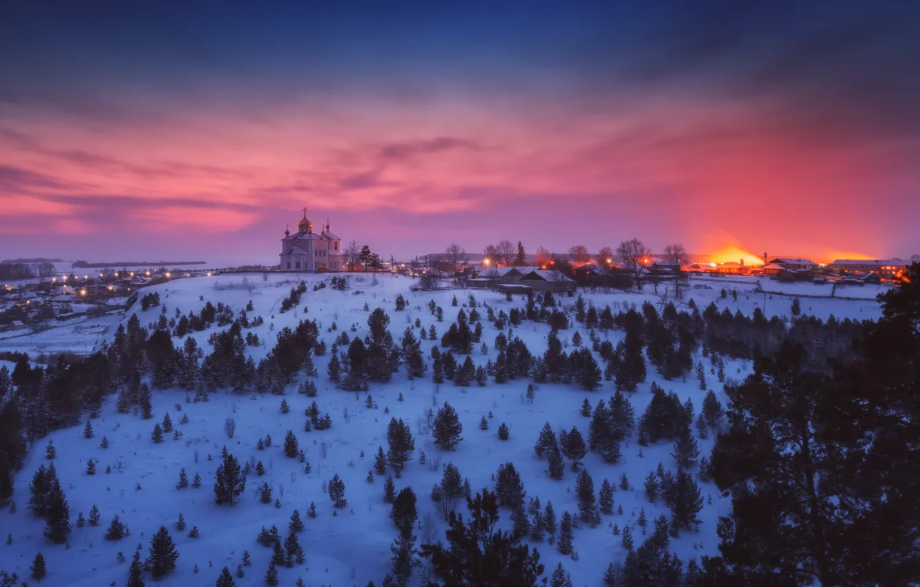 Фото обои зима, снег, пейзаж, закат, природа, село, церковь, Урал