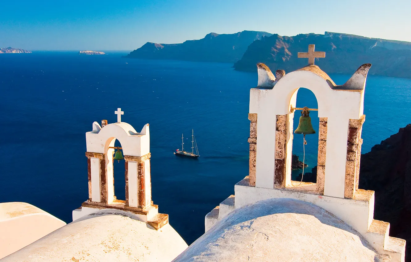Фото обои острова, яхта, Санторини, Греция, колокола, Santorini, Oia, Greece