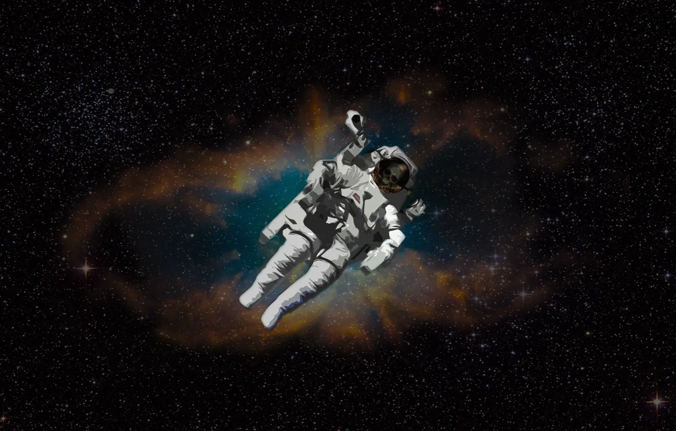 Фото обои космос, туманность, череп, звёзды, астронавт