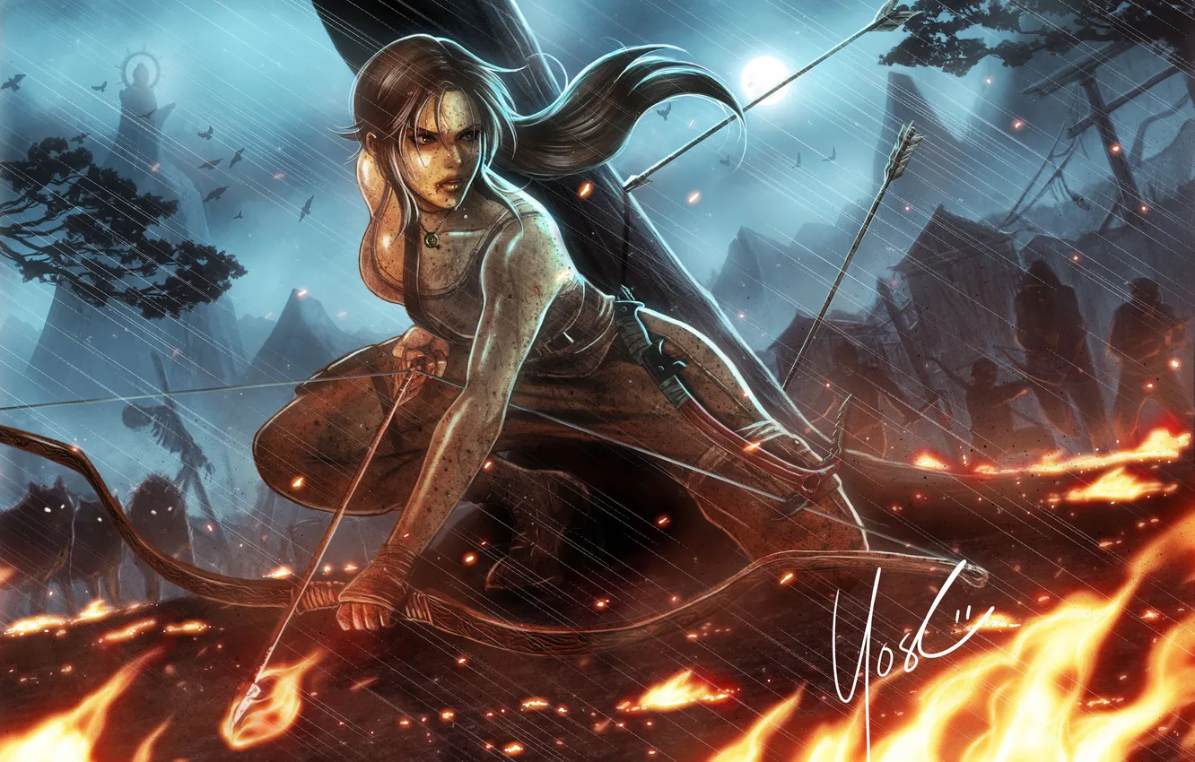 Фото обои огонь, пламя, укрытие, лук, арт, стрела, Lara Croft, Tomb raider