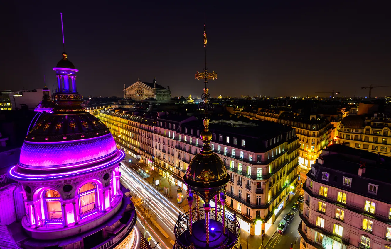 Фото обои ночь, город, Франция, Париж, здания, дома, подсветка, Paris
