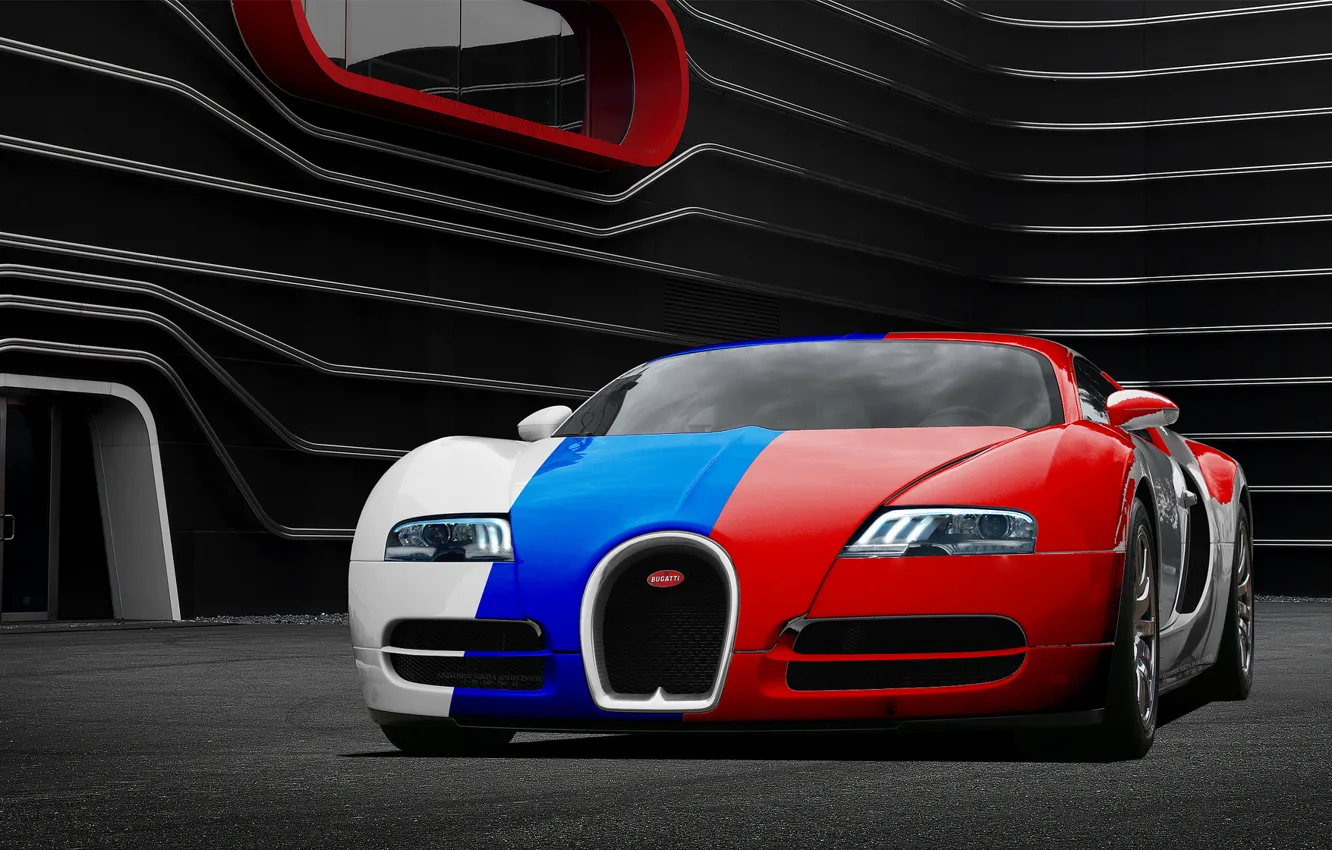 Фото обои Bugatti, Veyron, бугатти, front, вейрон, Aksyonov Nikita Andreevich, three color