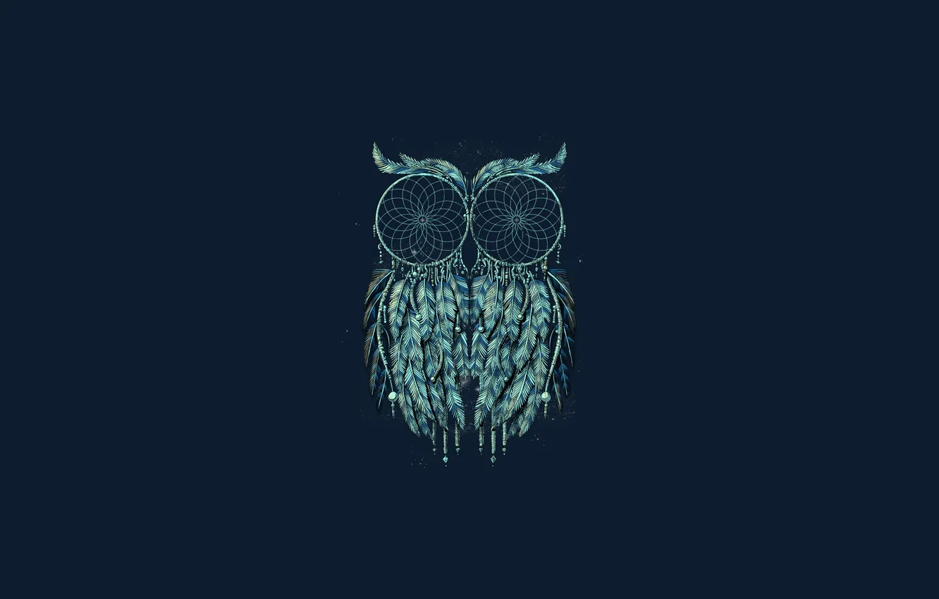Фото обои сова, минимализм, синий фон, owl, ловец снов, dreamcatcher
