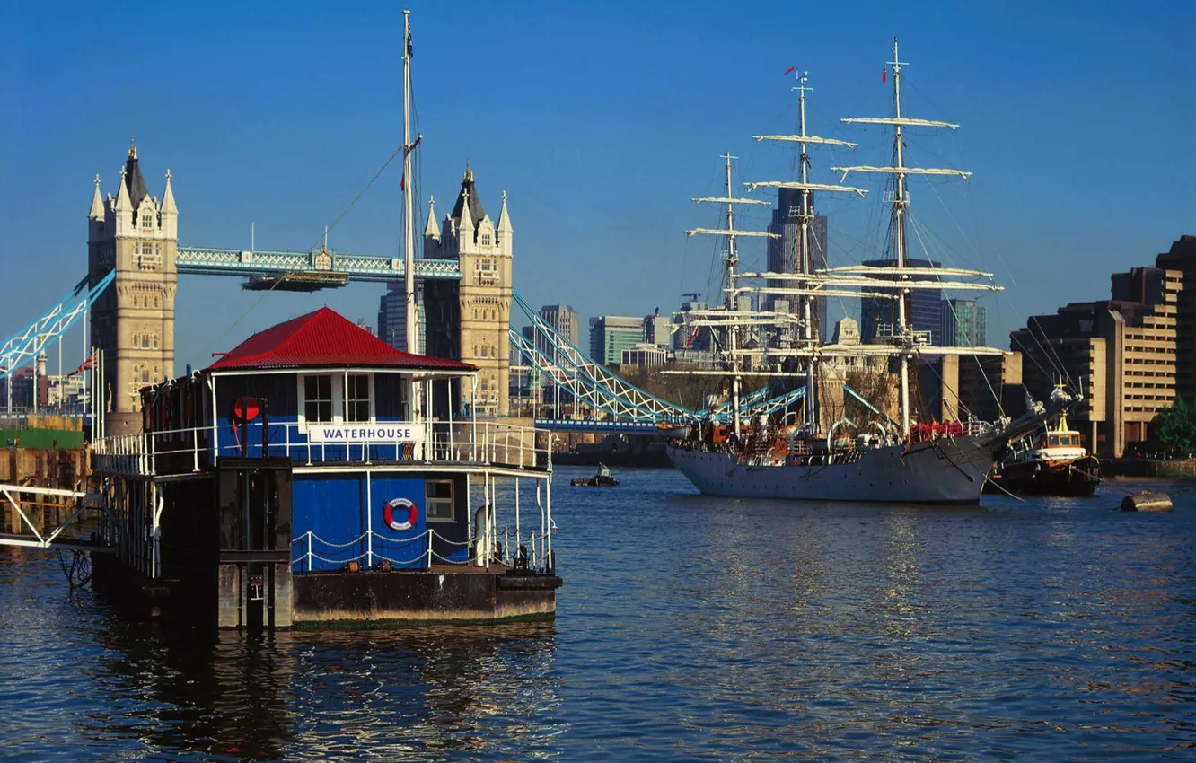 Фото обои мост, река, Лондон, корабли, причал, Великобритания, Темза, United Kingdom