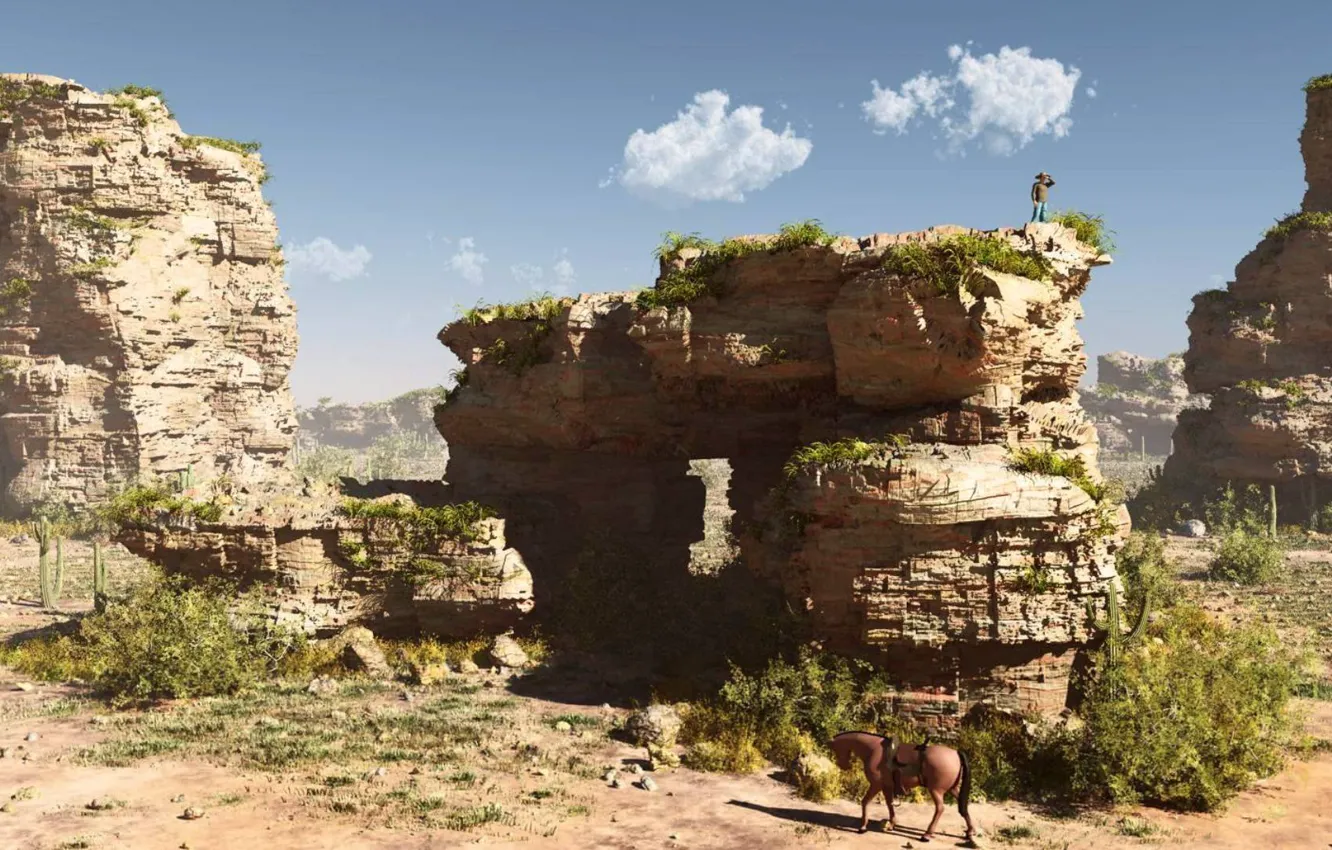 Фото обои sky, clouds, rocks, man, horse, old wild west