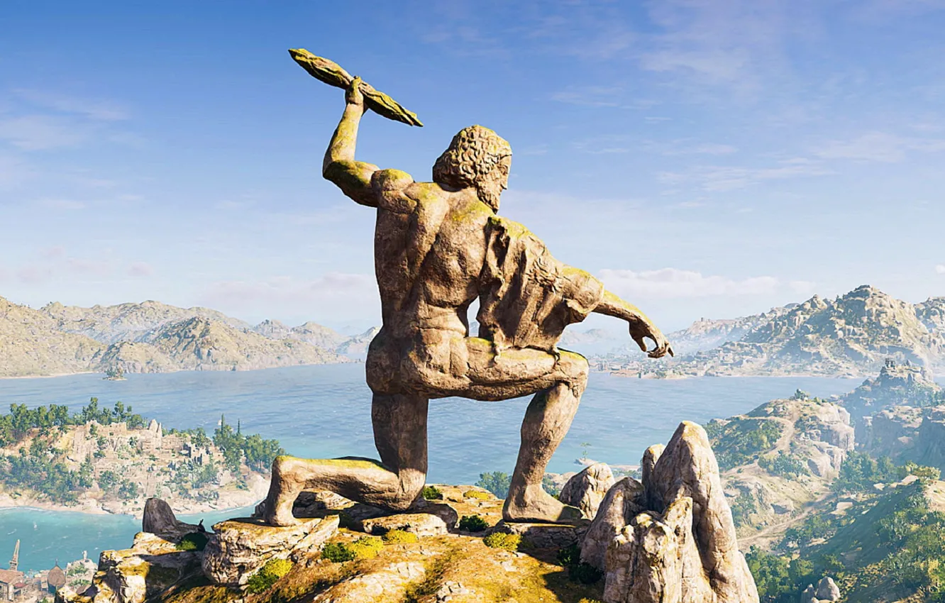 Фото обои Горы, Статуя, Скульптура, Game, Assassin's Creed Odyssey