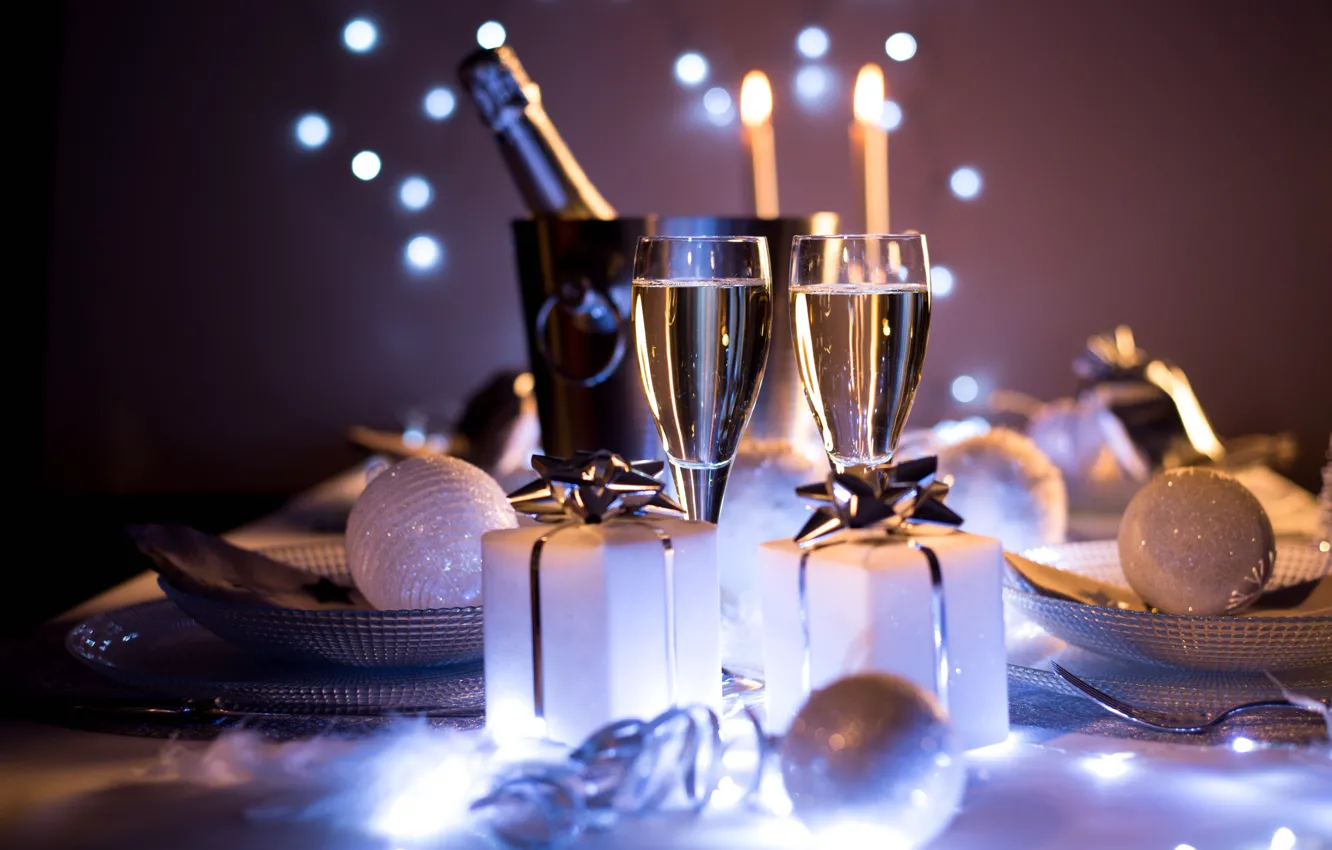 Фото обои Christmas, style, food, New Year, holiday, glasses, champagne, elegance