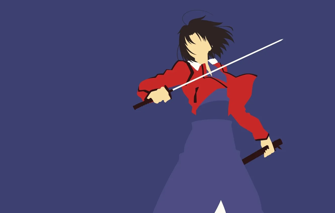 Фото обои kawaii, red, girl, sword, game, minimalism, blue, anime