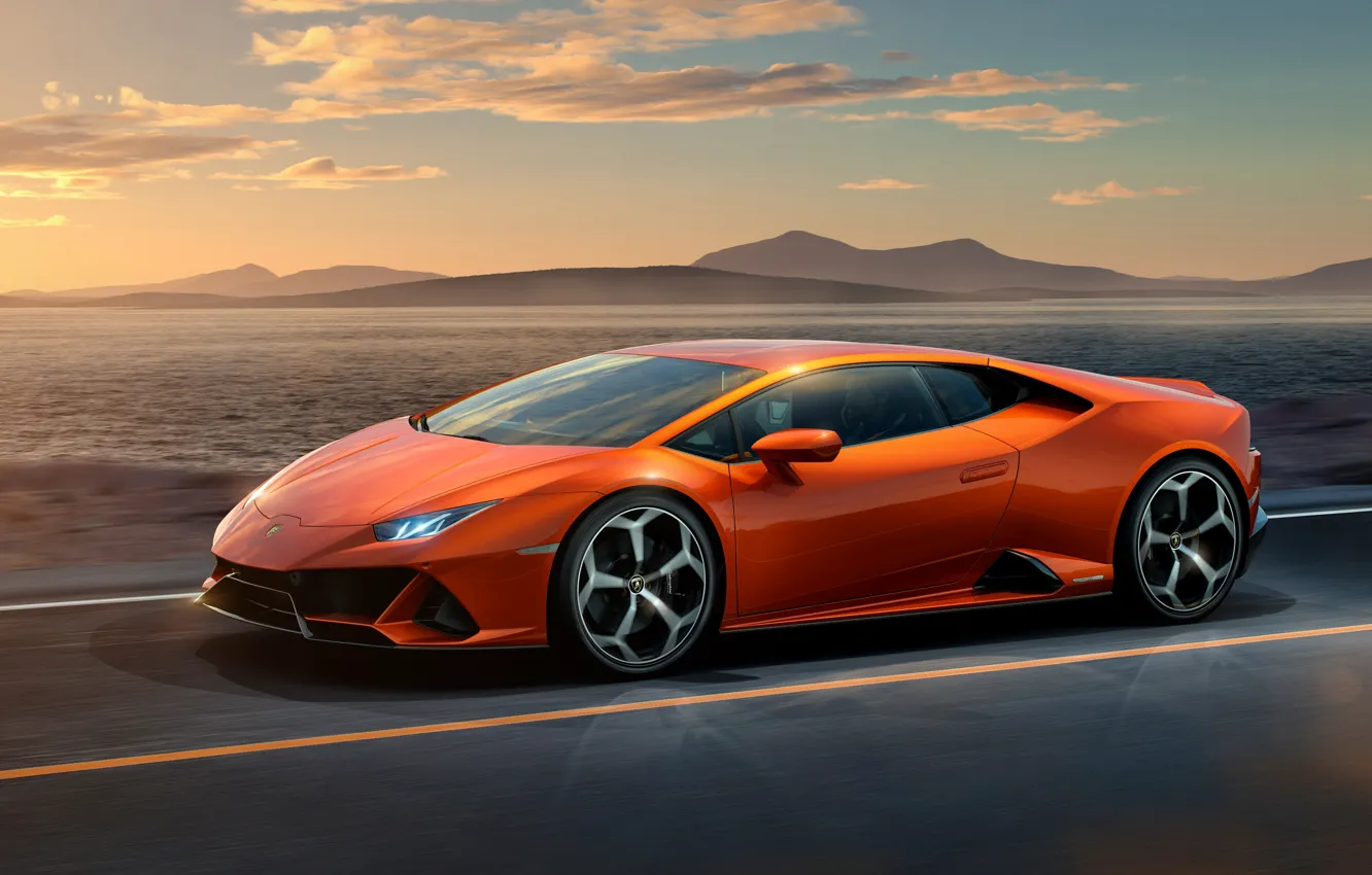 Фото обои дорога, закат, оранжевый, фары, графика, Lamborghini, колёса, Ламборгини