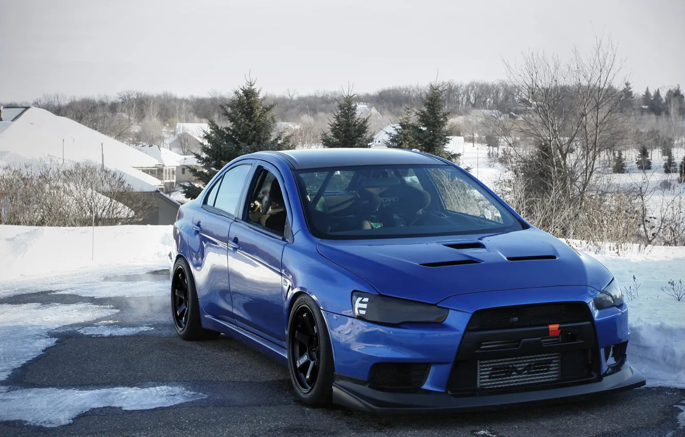 Фото обои Mitsubishi, Lancer, Evolution, blue, winter