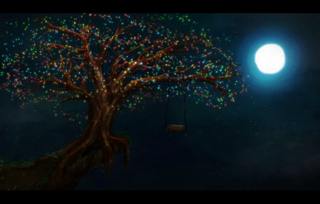 Фото обои небо, звезды, ночь, сияние, дерево, огоньки, качель, полнолун