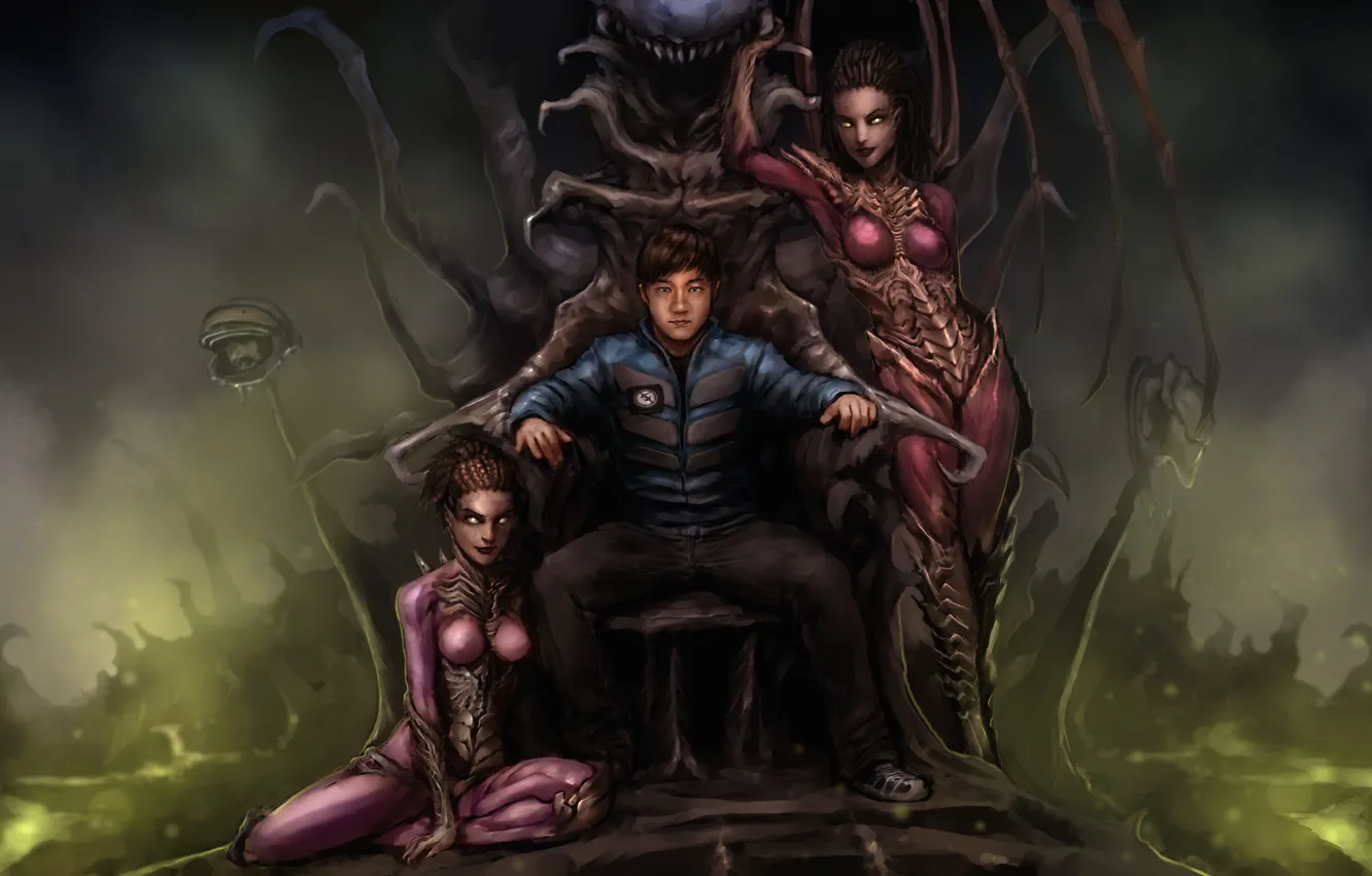 Фото обои парень, трон, art, Sarah Kerrigan, StarCraft, Queen of Blades