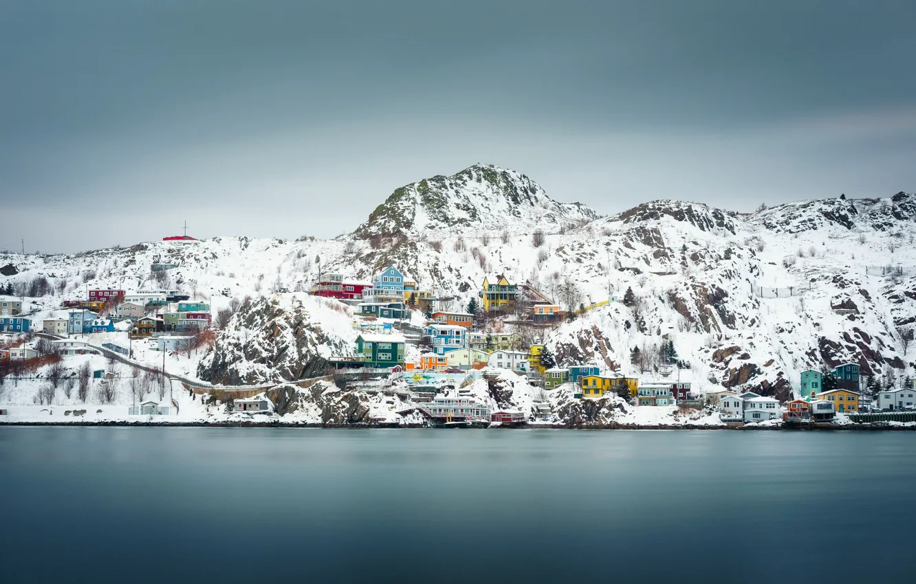 Фото обои Canada, winter, snow, houses, cloudy, Newfoundland and Labrador, St. John's