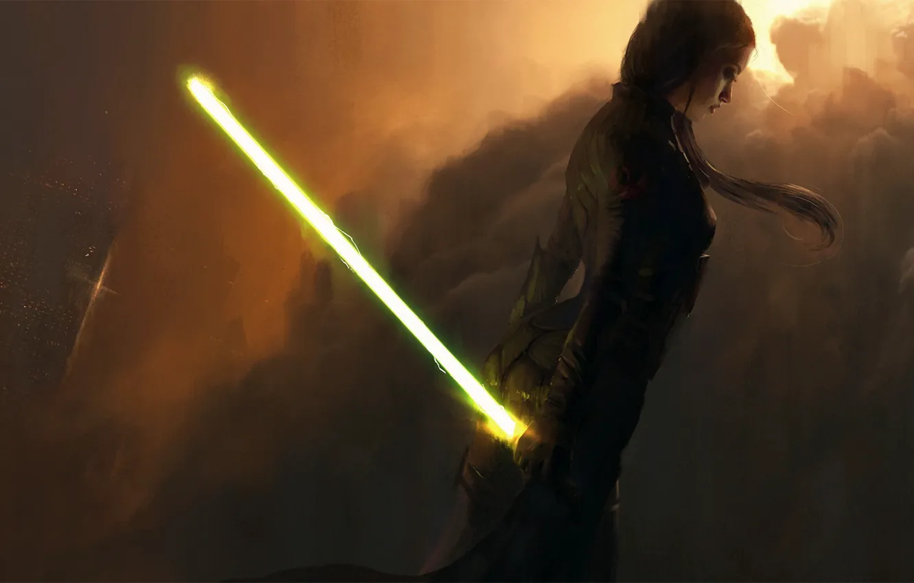 Фото обои девушка, star wars, Звездные Войны, световой меч, лазерный меч, green lightsaber