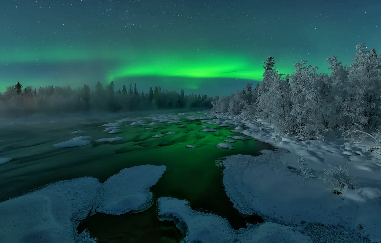 Фото обои зима, лес, снег, деревья, река, северное сияние, мороз, Россия