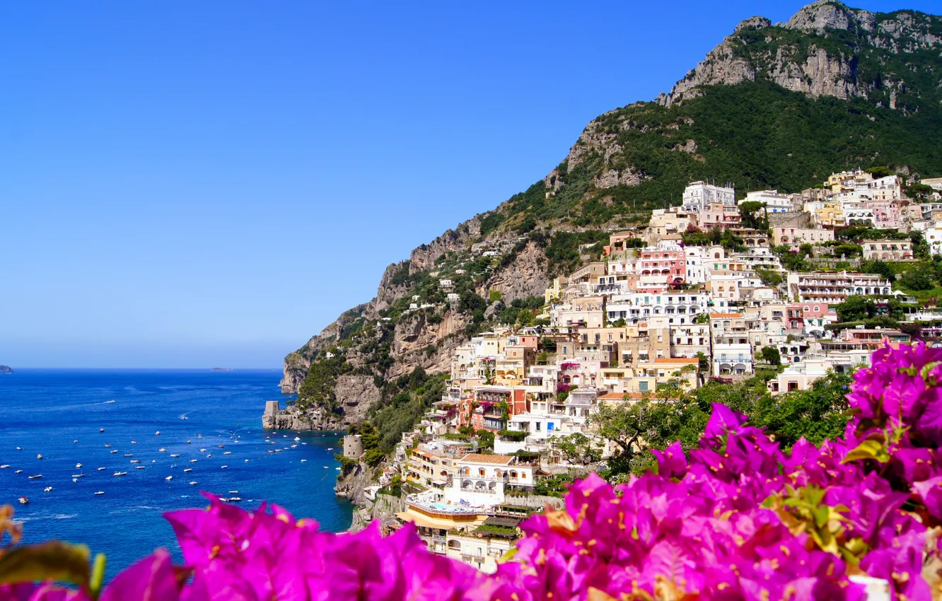 Фото обои цветы, природа, город, скалы, побережье, дома, Италия, Italy