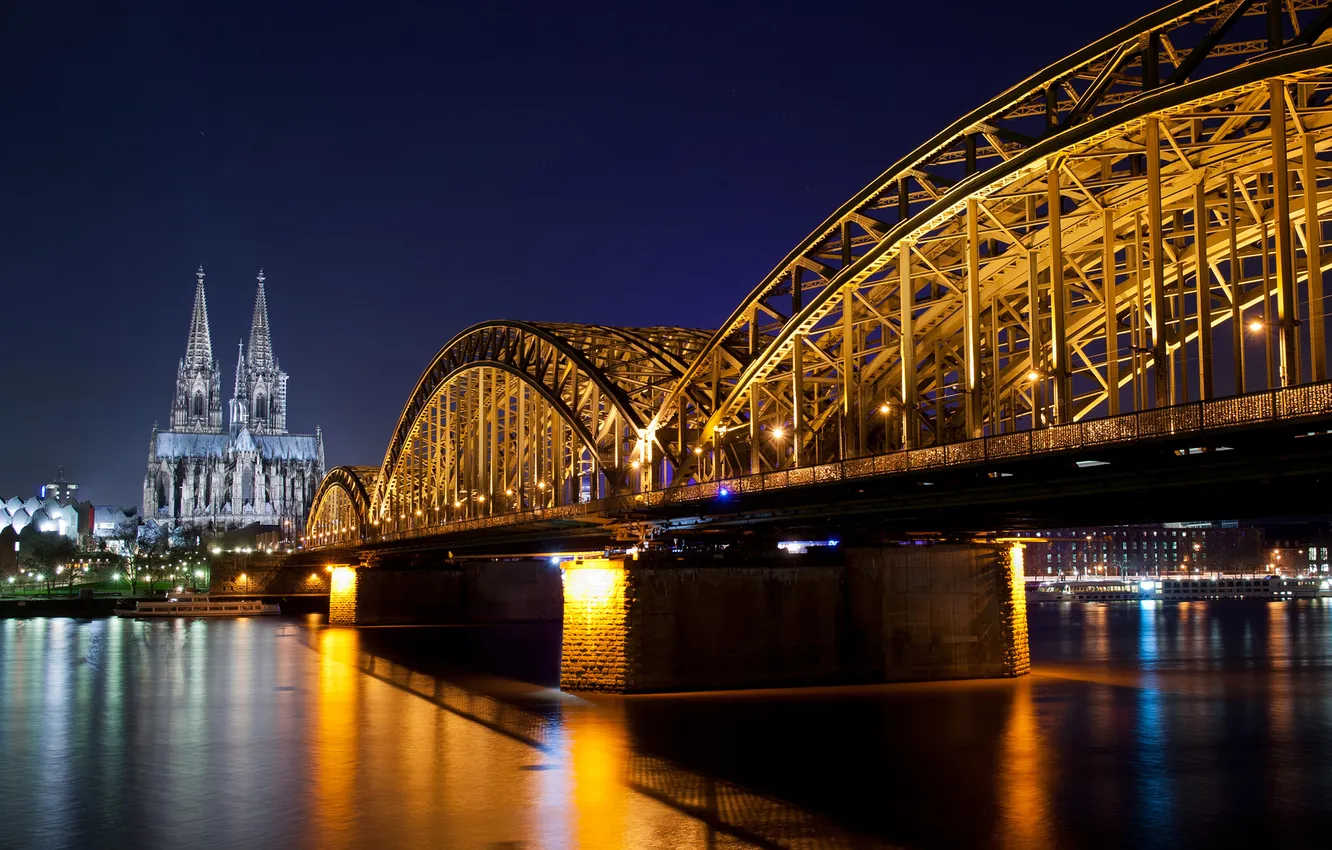 Фото обои дорога, ночь, мост, город, река, Германия, освещение, Germany