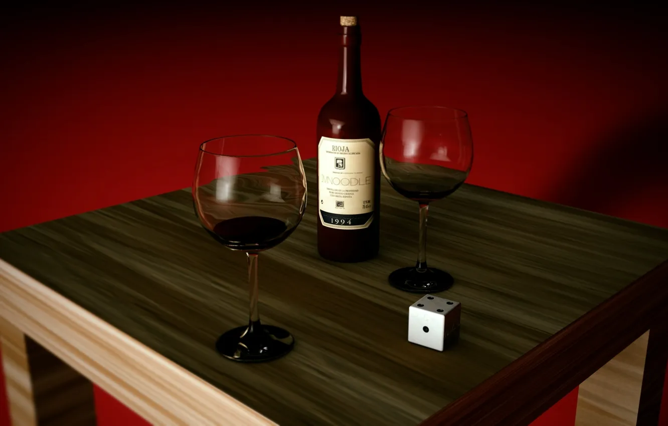 Фото обои стол, вино, бутылка, бокалы, кубик, деревянный, красный фон