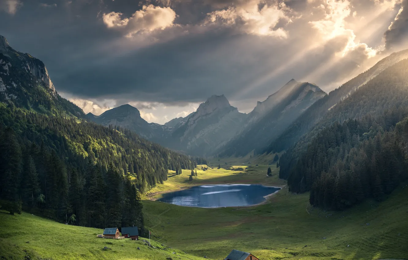 Фото обои горы, озеро, домик