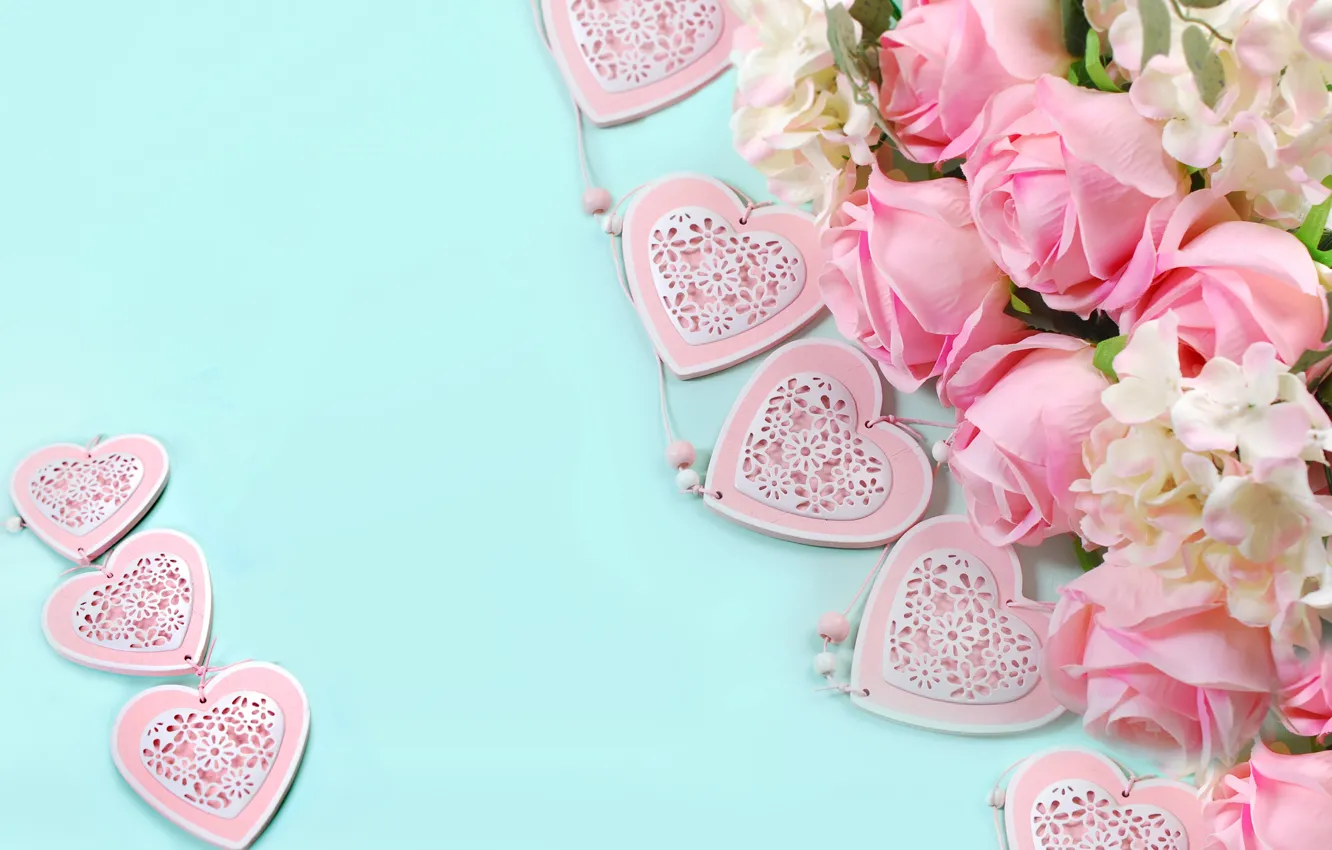 Фото обои розы, сердечки, love, heart, pink, flowers, romantic, petals