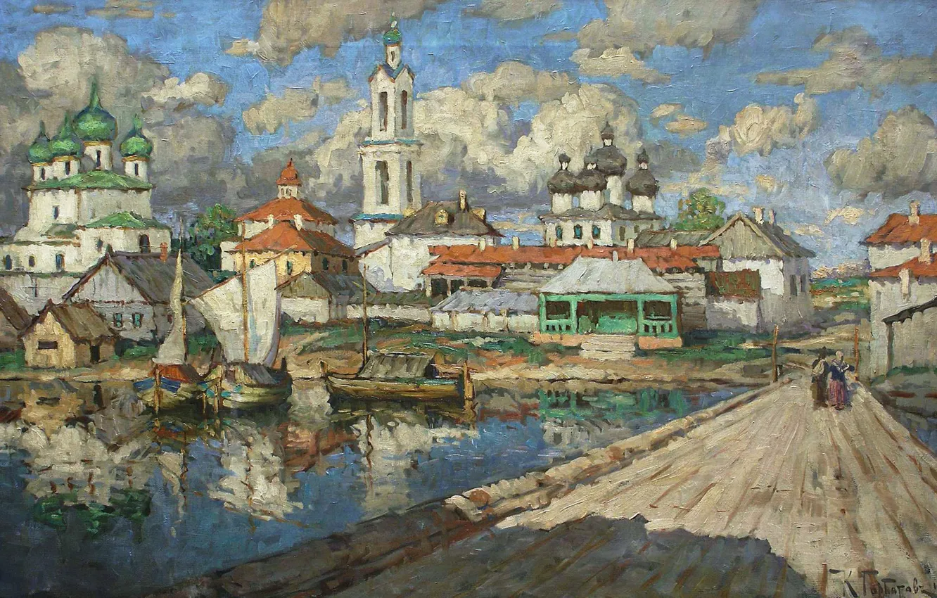Фото обои мост, картина, церковь, городской пейзаж, Константин Горбатов, Вид на Старый Город