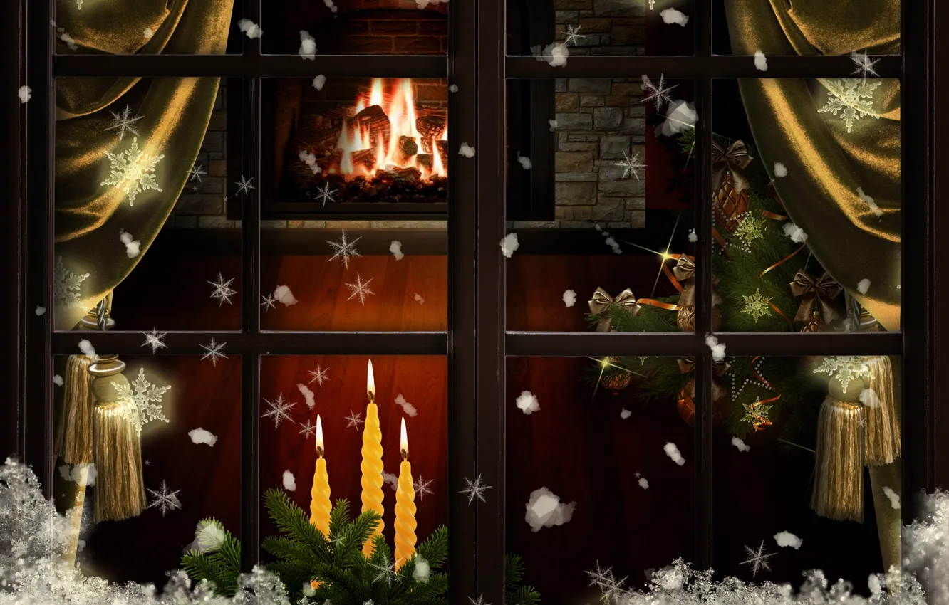 Фото обои снег, украшения, снежинки, елка, свечи, окно, Рождество, Новый год