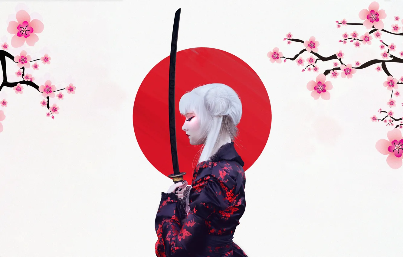 Фото обои Солнце, Девушка, Минимализм, Сакура, Япония, Меч, Фон, Japan