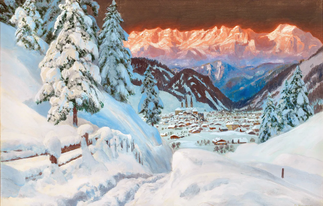 Фото обои Дома, Зима, Горы, Ночь, Деревья, Снег, Картина, Alois Arnegger