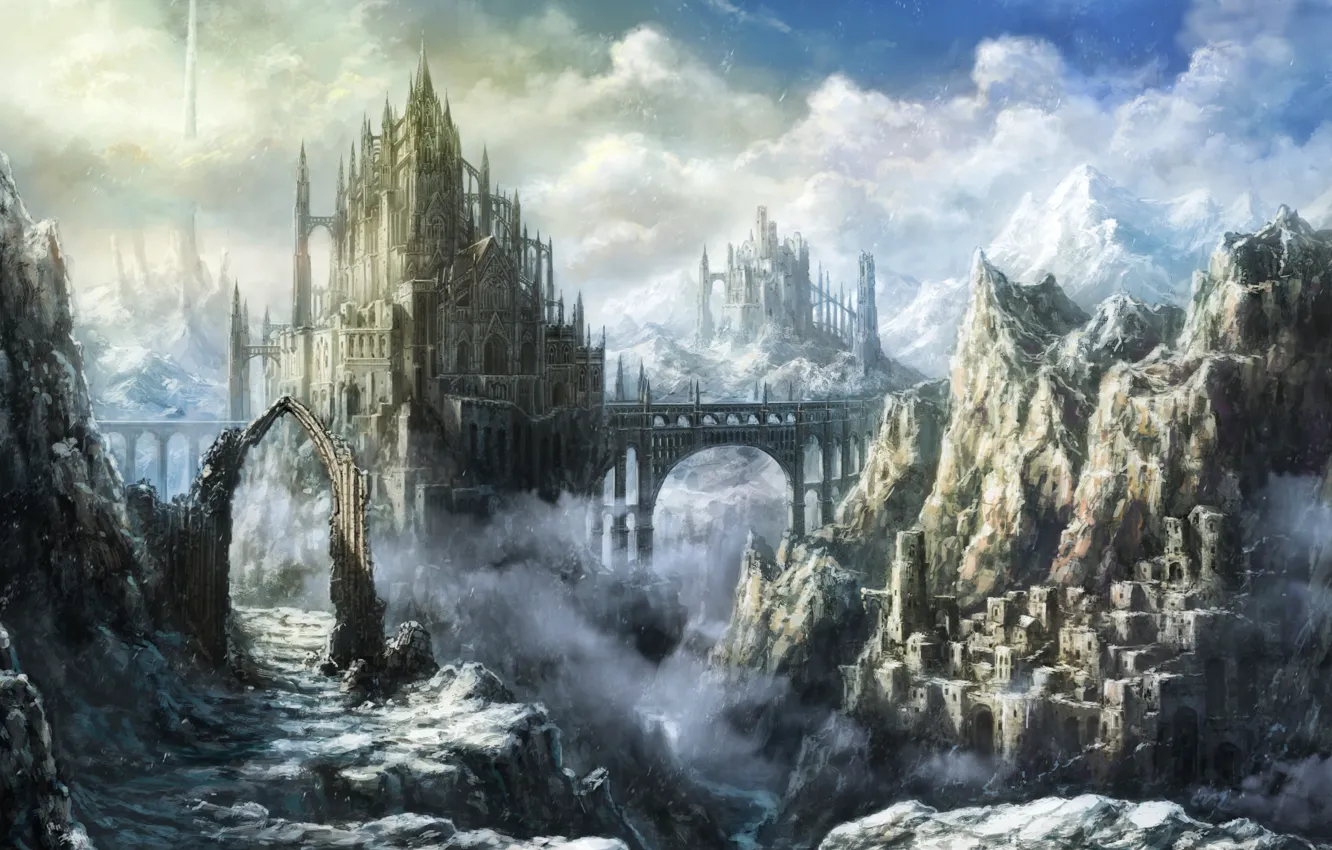Фото обои пейзаж, мост, замок, арт, крепость, tomaknights, горы. облака