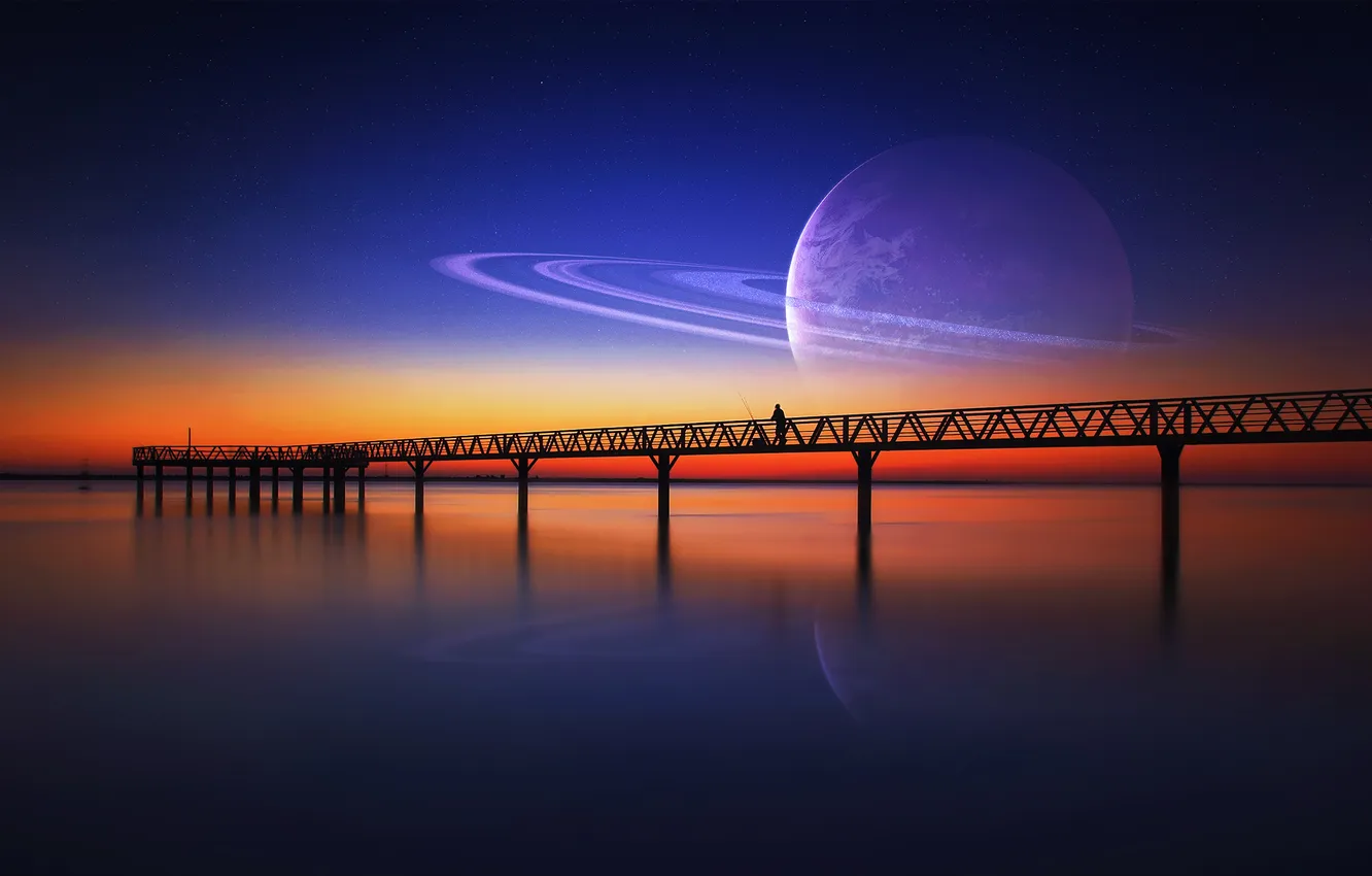 Фото обои небо, звезды, закат, мост, одиночество, фантастика, человек, планета