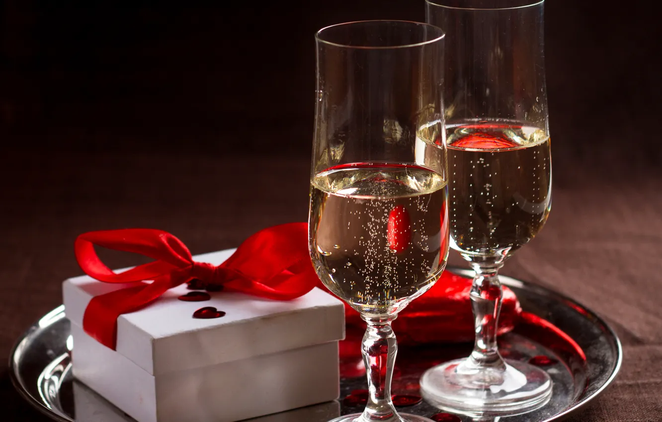 Фото обои коробка, подарок, романтика, шампанское, бант, gift, champagne