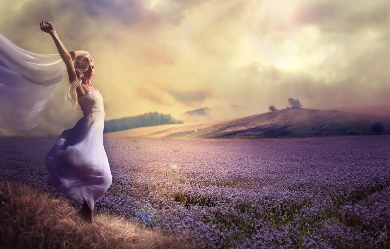 Фото обои поле, девушка, цветы, природа, платье, холм, лаванда