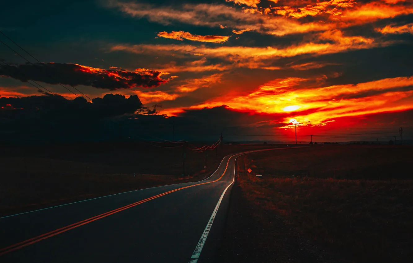 Фото обои дорога, поле, закат