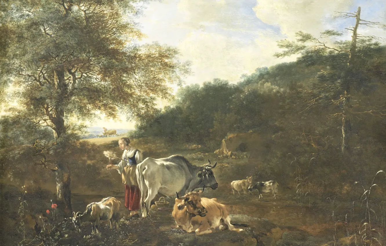 Фото обои животные, дерево, масло, корова, Пейзаж с Крупным Рогатым Скотом, Адам Пинакер