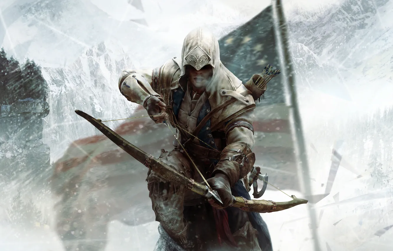 Фото обои луг, ассасин, Assassin's Creed III, Радунхагейду, Кредо Убийцы 3, индеец-полукровка, Коннор Кенуэй