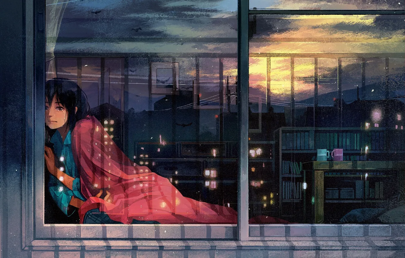 Фото обои девушка, закат, птицы, комната, аниме, слезы, арт, кружки