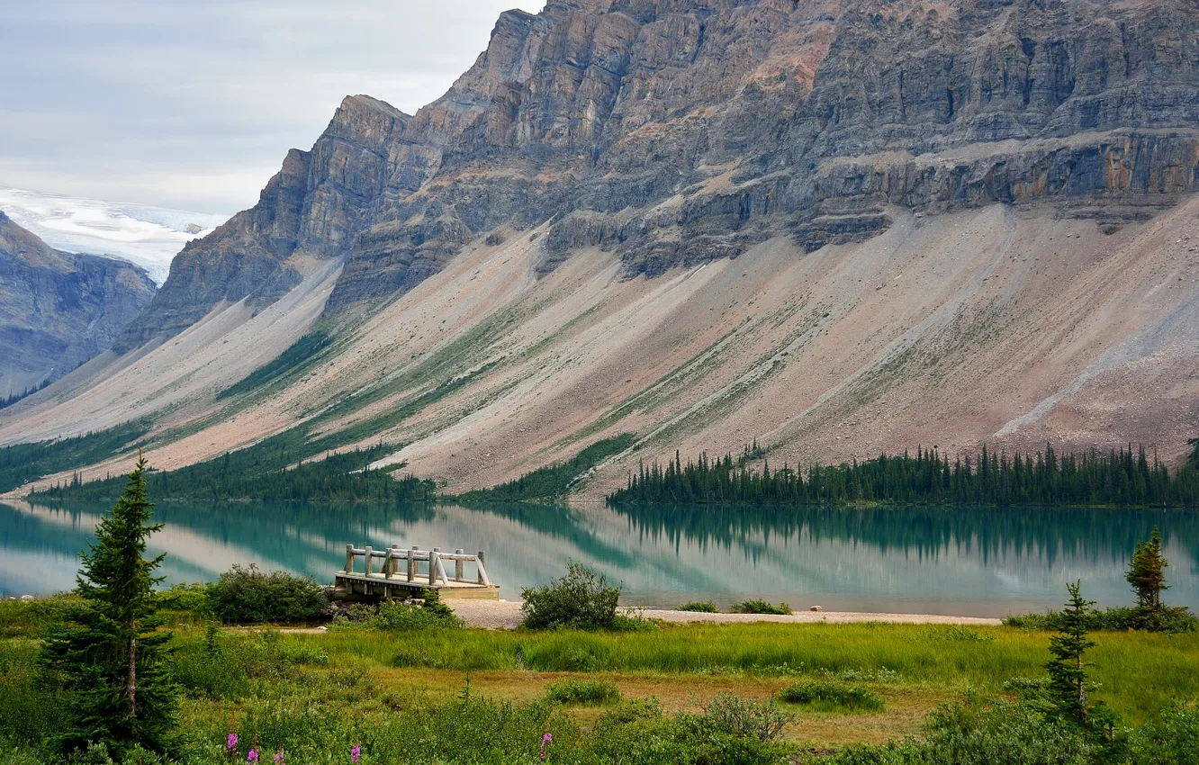 Фото обои деревья, горы, озеро, причал, Канада, Альберта, мостик, Bow Lake