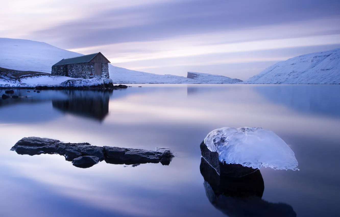 Фото обои лед, небо, вода, снег, озеро, гладь, льдины, домик
