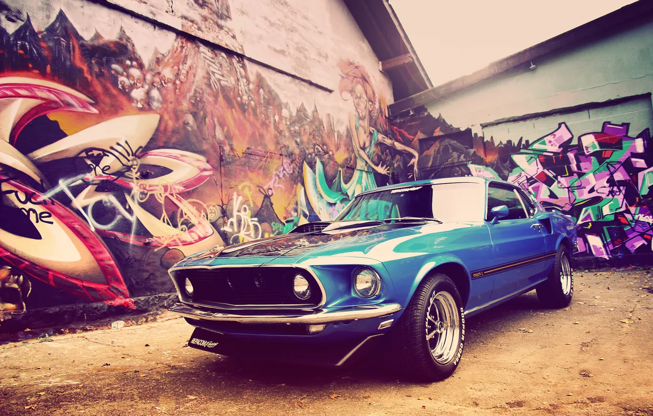 Фото обои дома, Mustang, Ford, 1969, графити, Classic, Muscle Car