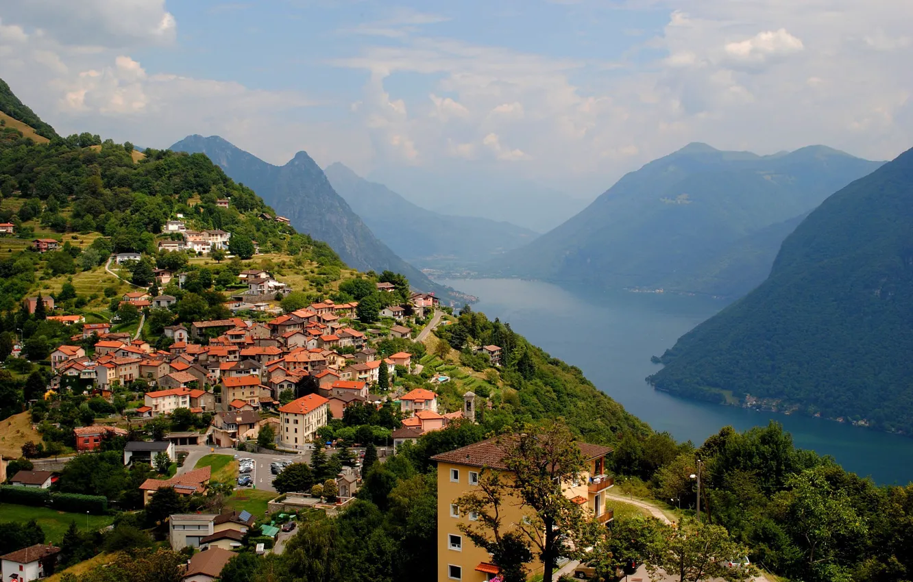 Фото обои горы, озеро, дома, Швейцария, дымка, Лугано