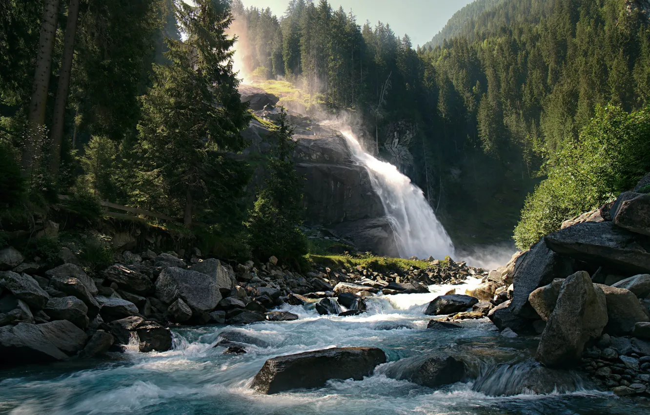Фото обои лес, деревья, река, камни, водопад, Австрия, Austria, Река Кримлер-Ахе
