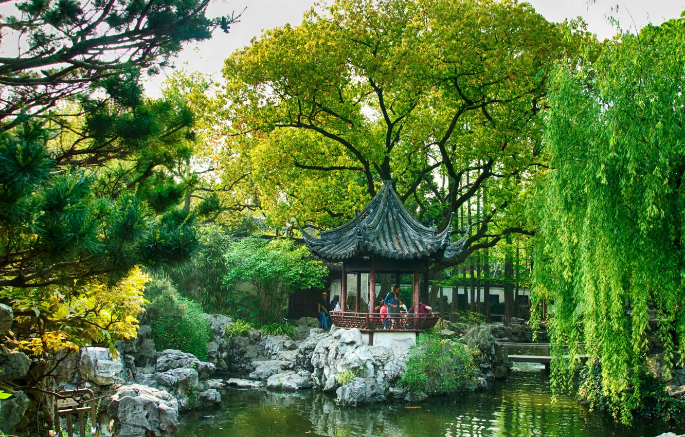 Фото обои деревья, пруд, парк, камни, сад, Китай, Шанхай, мостик