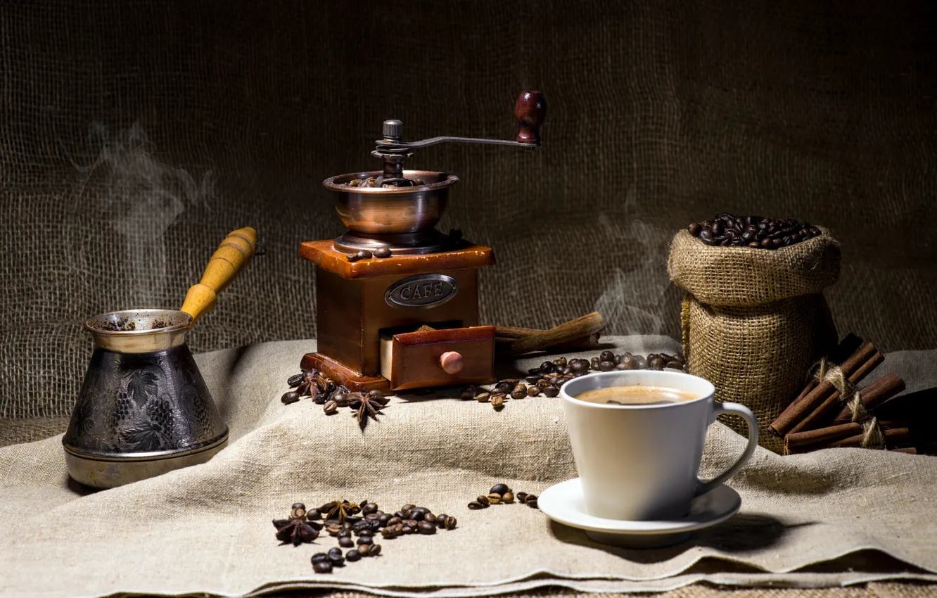Фото обои кофе, мешковина, кофейные зёрна, кофемолка