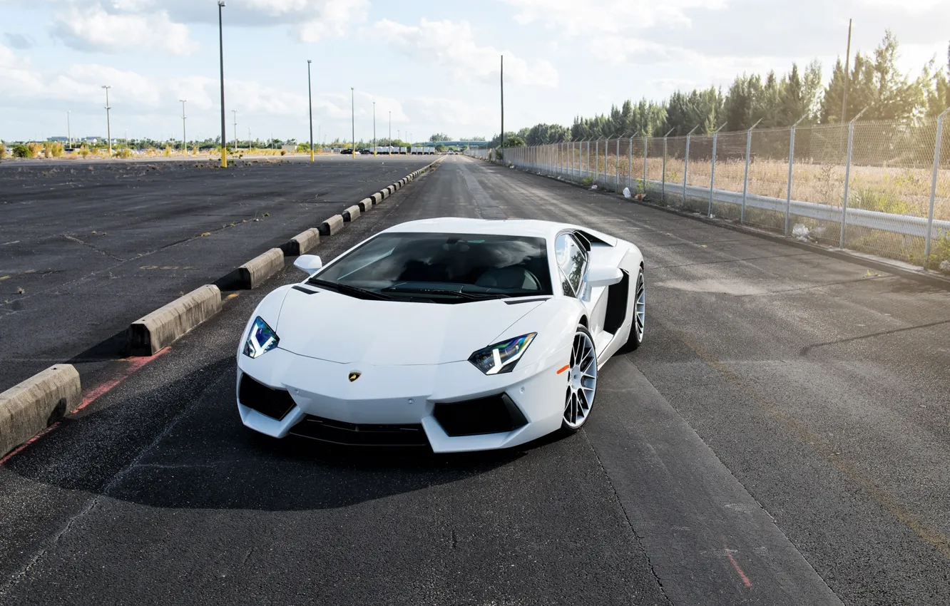 Фото обои дорога, белый, небо, облака, ограждение, white, lamborghini, вид спереди