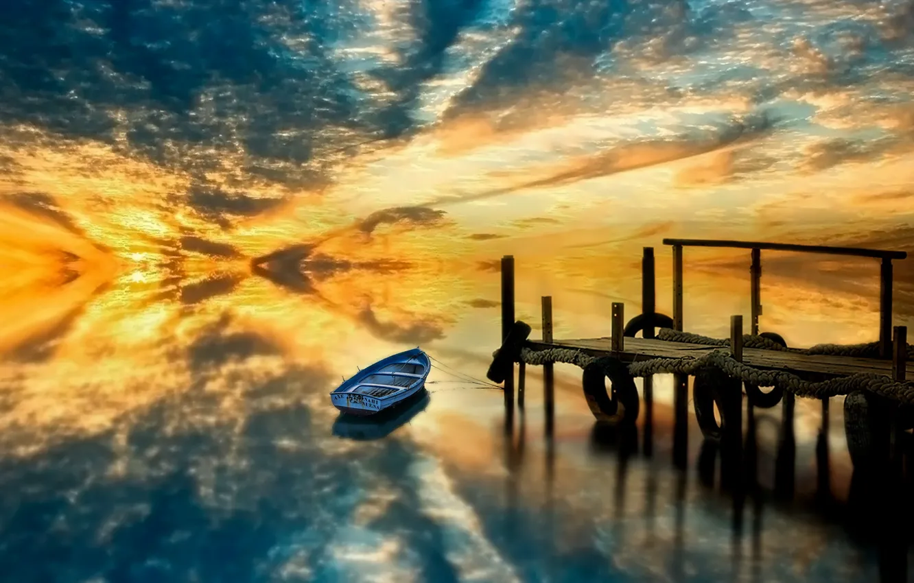 Фото обои закат, озеро, лодка