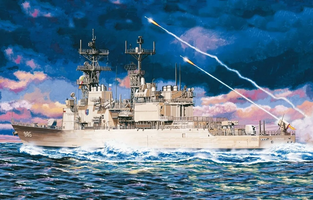 Фото обои море, рисунок, ракеты, запуск, Эсминец, USS Cushing, ВМС США, эскадренный миноносец типа «Спрюэнс»