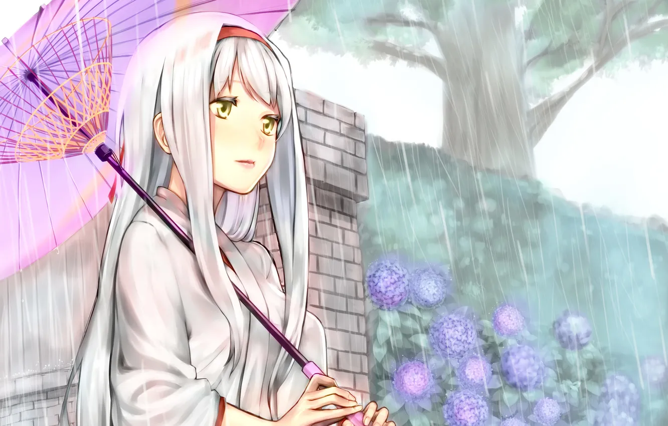 Фото обои девушка, дождь, зонт, аниме, арт, кимоно, kantai collection, shoukaku