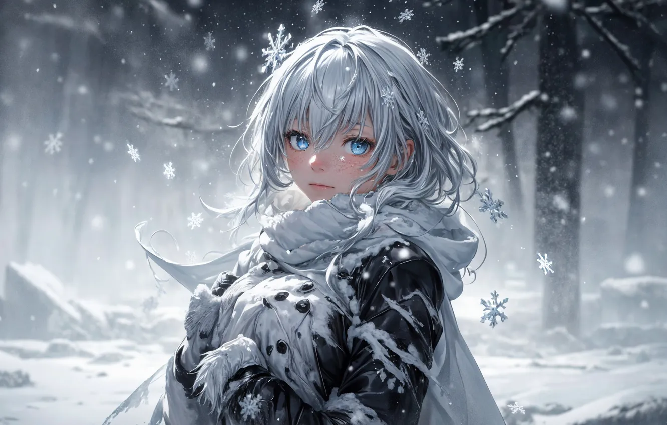 Фото обои снег, деревья, аниме, голубые глаза, trees, anime, blue eyes, snow