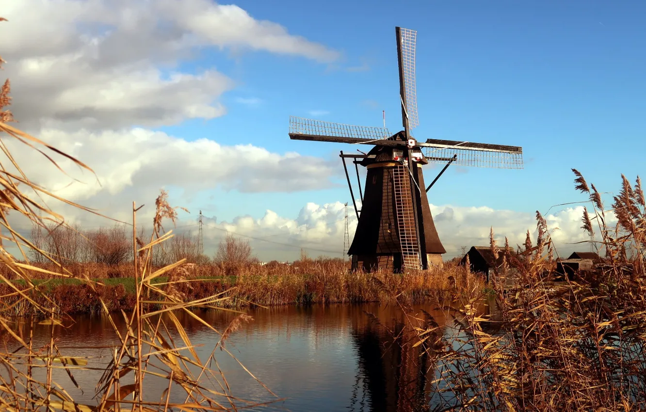 Фото обои mill, netherlands, tourism, holland, kinderdijk, wind mill